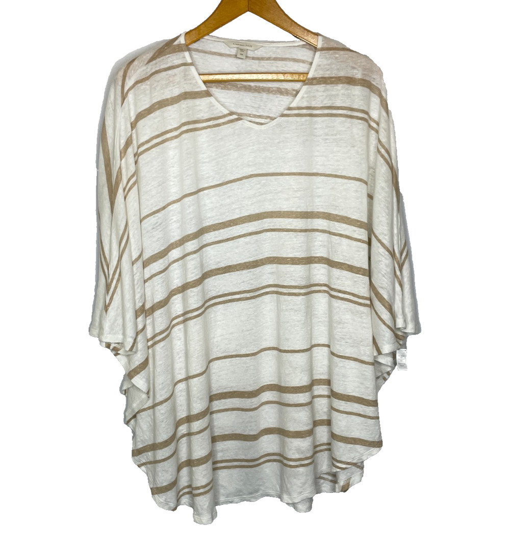 Womens Small/Medium Garnet Hill Organic Linen Tan Stripe Poncho Oversized Blouse
